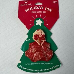 NEW Vintage 1995 Hallmark Barbie Holiday Pin Red Gold dress Gown Christmas